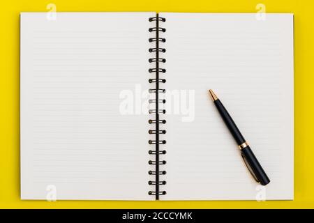 Business copy space, luxury spiral open notebook with  blank pages and pen on yellow background, top view Stock Photo