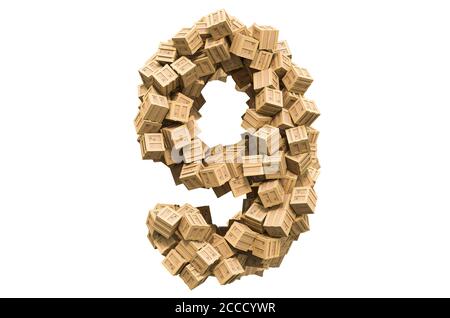 Number 9 from wooden boxes. 3D rendering isolated on white background Stock Photo