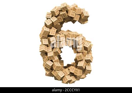 Number 6 from wooden boxes. 3D rendering isolated on white background Stock Photo