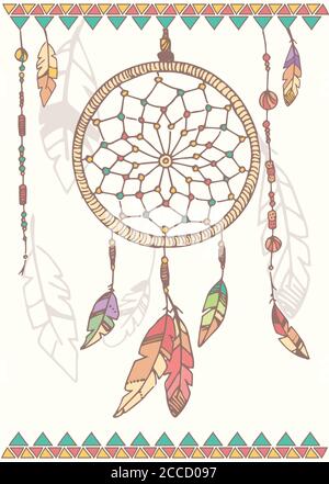 Hand drawn native american dream catcher, beads and feathers, vector illustration Stock Vector