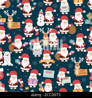 Christmas seamless pattern with santa claus, reindeer, bear and gifts, vector illustration Stock Vector