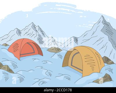 Camping graphic color snow mountain landscape sketch illustration vector Stock Vector
