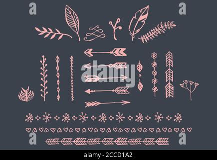 Set tribal ethnic arrows, dividers, native indian bow boho in doodle ...