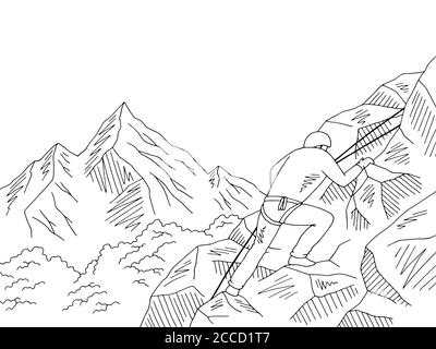 Alpinist climbing a cliff mountain graphic black white landscape sketch illustration vector Stock Vector