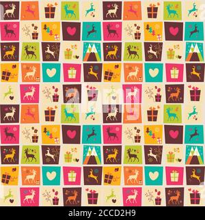 Seamless patterns with colorful squares, Christmas reindeers, gift boxes and snowflakes, vector illustration Stock Vector