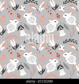 Seamless pattern with rabbits, lady bugs, birds and flowers, vector illustration Stock Vector