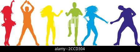 Vector illustration of an isolated silhouette of people dancing, colorful Stock Vector