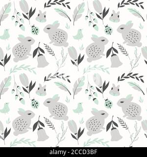 Seamless pattern with rabbits, lady bugs, birds and flowers, vector illustration Stock Vector