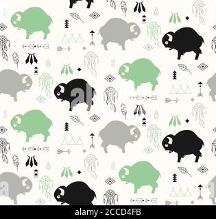 Seamless pattern with cute baby buffaloes and native American symbols, vector illustration Stock Vector