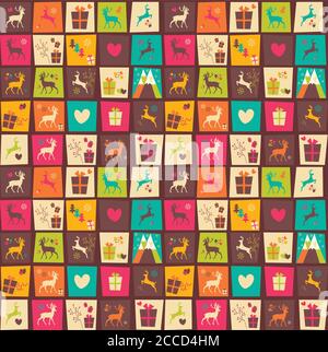Seamless patterns with colorful squares, Christmas reindeers, gift boxes and snowflakes, vector illustration Stock Vector