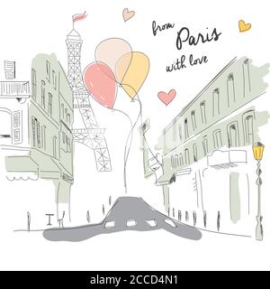 Postcard from Paris street, Eiffel tower and balloons, hand drawn, vector illustration Stock Vector