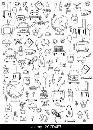 Everyday things, handdrawn, black and white, vector illustration Stock Vector