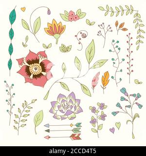 Hand drawn vintage flowers and floral elements for weddings, Valentines day, birthdays and holidays, vector illustration Stock Vector