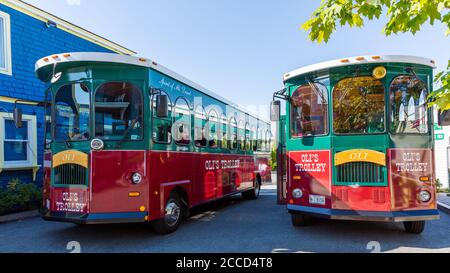 Bar Harbor, Maine - 28 August 2014: Oli's Trolleys are re-purposed trolley car that offer tourist tours around Mount Desert Island and Acadia national Stock Photo