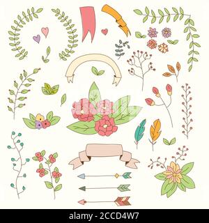 Hand drawn vintage flowers and floral elements for weddings, Valentines day, birthdays and holidays, vector illustration Stock Vector