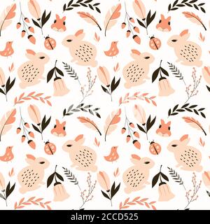 Seamless pattern with rabbits, lady bugs, birds and flowers, vector illustration Stock Vector