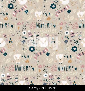 Seamless pattern with winter garden flowers, foxes and scarf, hat and mittens, vector illustration Stock Vector