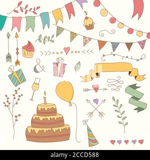Hand drawn vintage birthday design elements, flowers and floral elements, vector illustration Stock Vector