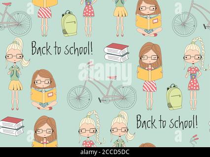 Back to school seamless pattern with school girls, bicycle and books, vector illustration Stock Vector