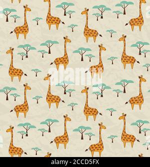 Seamless pattern with cute giraffes and trees, vector illustration Stock Vector