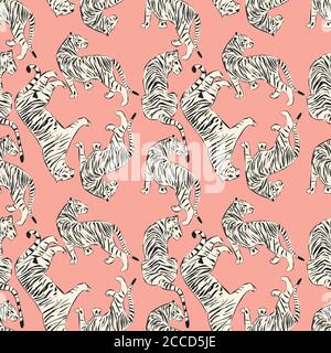 Hand drawn tiger seamless pattern, big cats in different position, white tigers on pink, exotic background, flat vector illustration Stock Vector