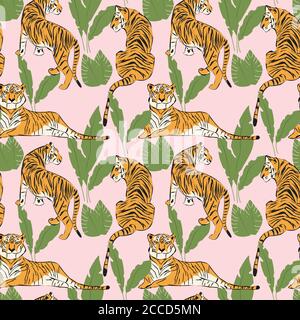 Hand drawn tiger seamless pattern, big cats in different position, tigers and tropical plants, exotic background, flat vector illustration Stock Vector
