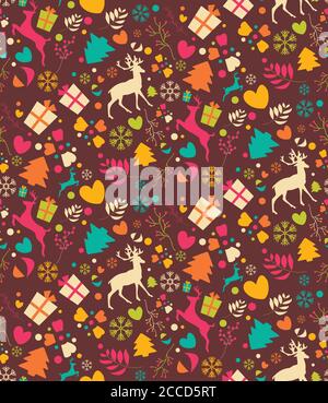 Seamless patterns with Christmas trees, reindeers, gift boxes and snowflakes, vector illustration Stock Vector