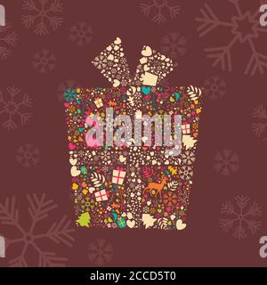 Ornamental Christmas gift box with reindeers, snowflakes and flowers, vector illustration Stock Vector