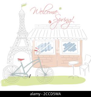 Welcome spring in Paris postcard, hand drawn, vector illustration Stock Vector
