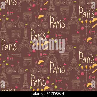 Paris symbols, postcard, seamless pattern, hand drawn, vector illustration Stock Vector