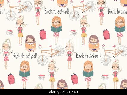 Back to school seamless pattern with school girls, bicycle and books, vector illustration Stock Vector