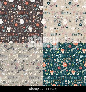 Collection of four seamless patterns with winter garden flowers, foxes and scarf, hat and mittens, vector illustration Stock Vector