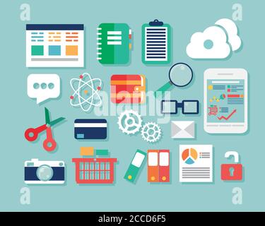 Collection of flat design icons, computer and mobile devices, cloud computing, communication Stock Vector