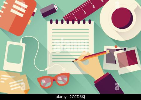 Writing into notebook background with coffee, photos, glasses and flash drive, Stock Vector