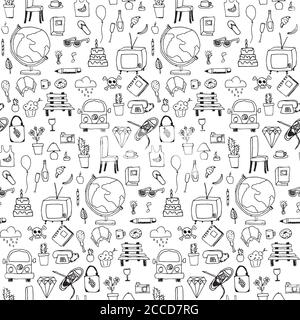 Everyday things, handdrawn, black and white, seamless pattern, vector illustration Stock Vector