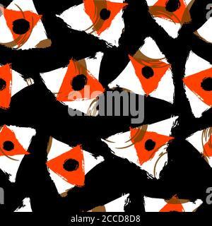 seamless background pattern, with triangles, circles, strokes and splashes, black and white Stock Vector