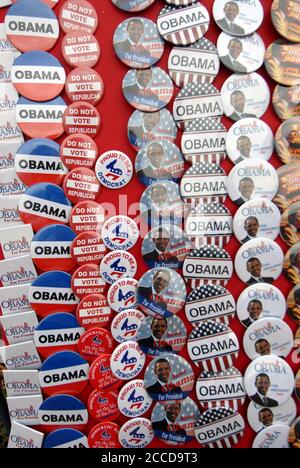 Austin, Texas USA, February 23, 2007: Button seller at a U.S. Senator Barack Obama (D-Illinois) rally, his second major rally after announcing his candidacy for President of the United States last month. Obama spoke through a slight drizzle to a crowd of about 17,000 at Austin's Town Lake. ©Bob Daemmrich Stock Photo