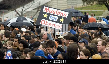 Austin, Texas USA, February 23, 2007: Muslims for Obama sign at a Barack Obama rally, his second major rally after announcing his candidacy for President of the United States last month. Obama spoke through a slight drizzle to a crowd of about 17,000 at Austin's Town Lake. ©Bob Daemmrich Stock Photo
