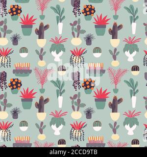 Seamless pattern with collection of hand drawn indoor house plants. Collection of potted plants. Colorful flat vector illustration Stock Vector