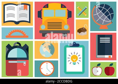 Collection of school items icons, flat design, long shadow Stock Vector