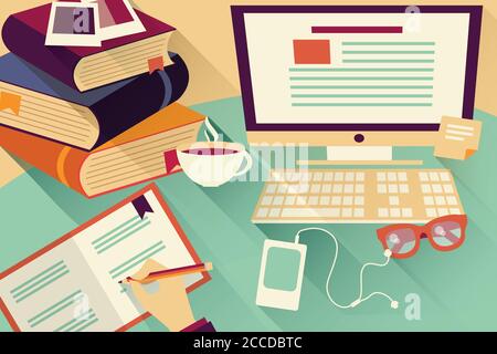Flat design objects, work desk, office desk, books, computer and stationery Stock Vector