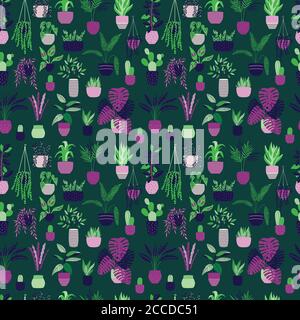 Seamless pattern with collection of hand drawn indoor house plants on green background. Collection of potted plants. Colorful flat vector illustration Stock Vector