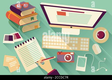 Flat design objects, work desk, long shadow, office desk, computer and stationery Stock Vector
