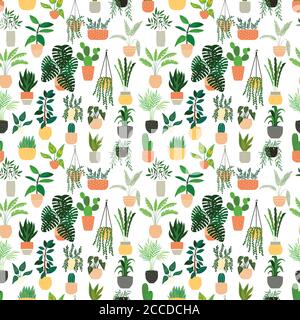 Seamless pattern with collection of hand drawn indoor house plants on white background. Collection of potted plants. Colorful flat vector illustration Stock Vector