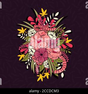 Floral jungle with snakes seamless pattern, tropical flowers and leaves, botanical hand drawn vibrant vector illustration Stock Vector