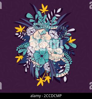 Floral jungle with snakes seamless pattern, tropical flowers and leaves, botanical hand drawn vibrant vector illustration Stock Vector