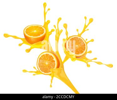 An orange splash. concept of orange with juice, isolated on white background. Clipping path. Stock Photo