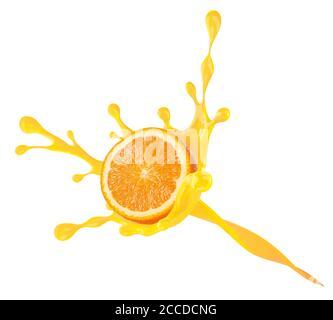 An orange splash. concept of orange with juice, isolated on white background. Clipping path. Stock Photo