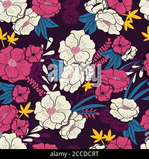 Floral jungle with snakes seamless pattern, tropical flowers and leaves, botanical hand drawn vibrant vector illustration Stock Vector