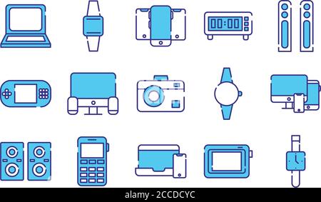 bundle of fifteen devices electronics set icons vector illustration design Stock Vector